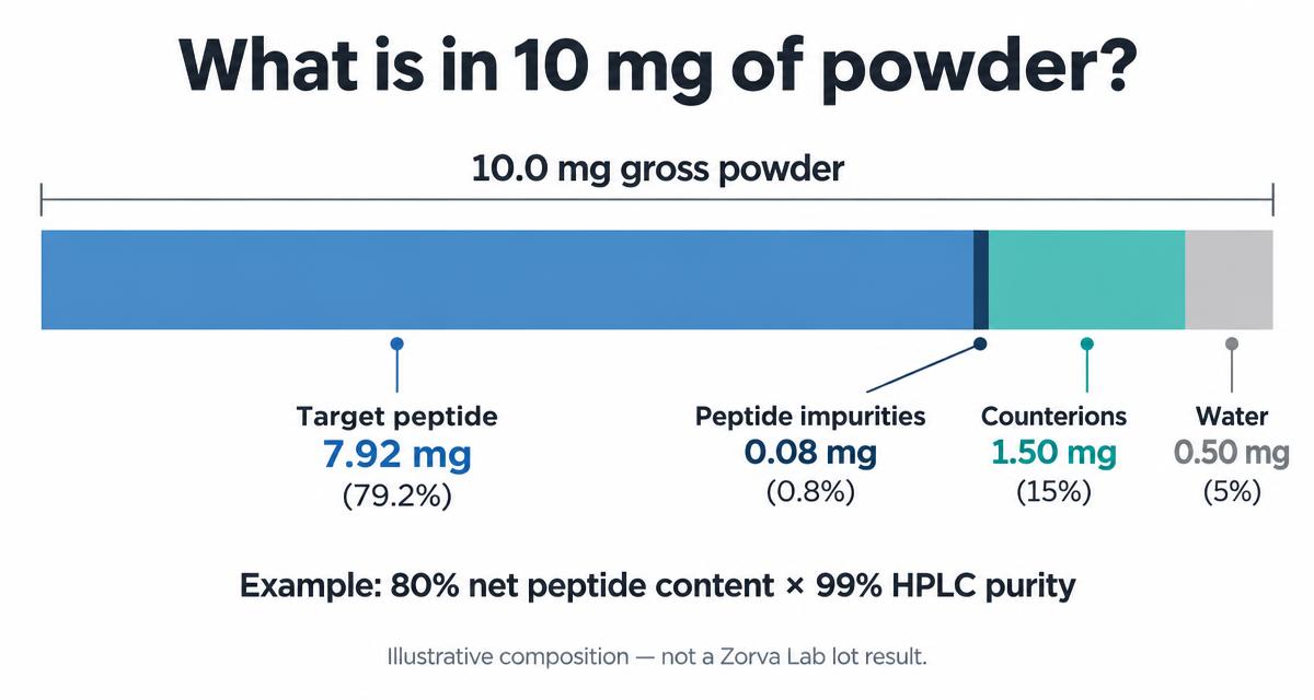 A 10 mg vial of lyophilized peptide split into target peptide, peptide impurities, counterions and water.