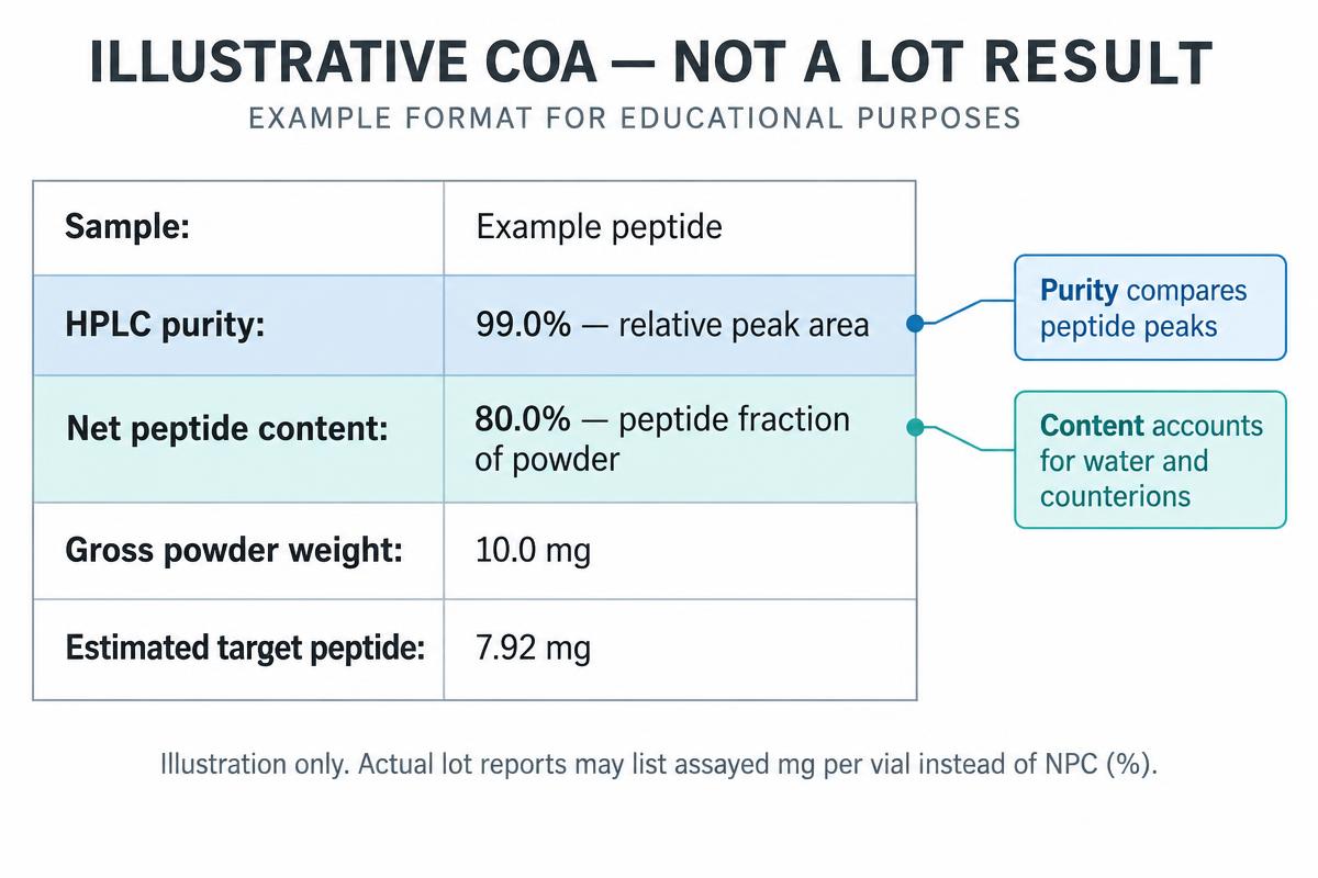 Certificate of analysis with the HPLC purity and peptide content fields highlighted.